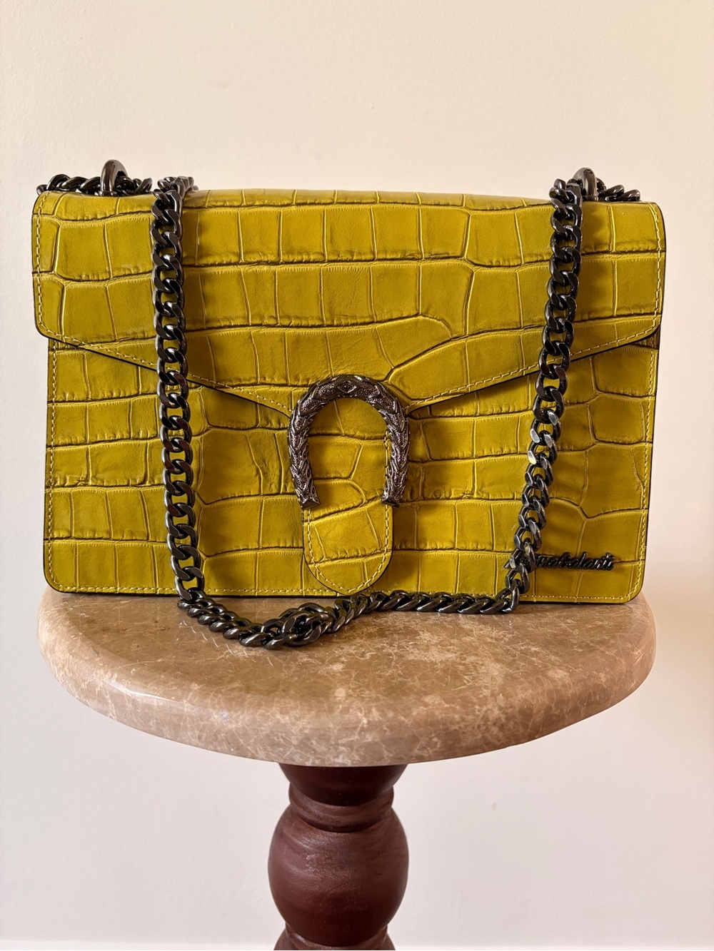 Croc-Embossed Chain Italian Leather Shoulder Bag
